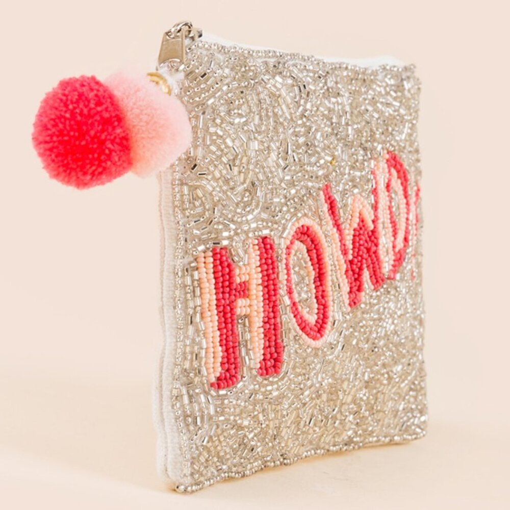 Howdy Western Cowgirl Silver Sparkle Beaded Pouch Wallet Bag Pink NEW Gift NWT - Picture 2 of 6